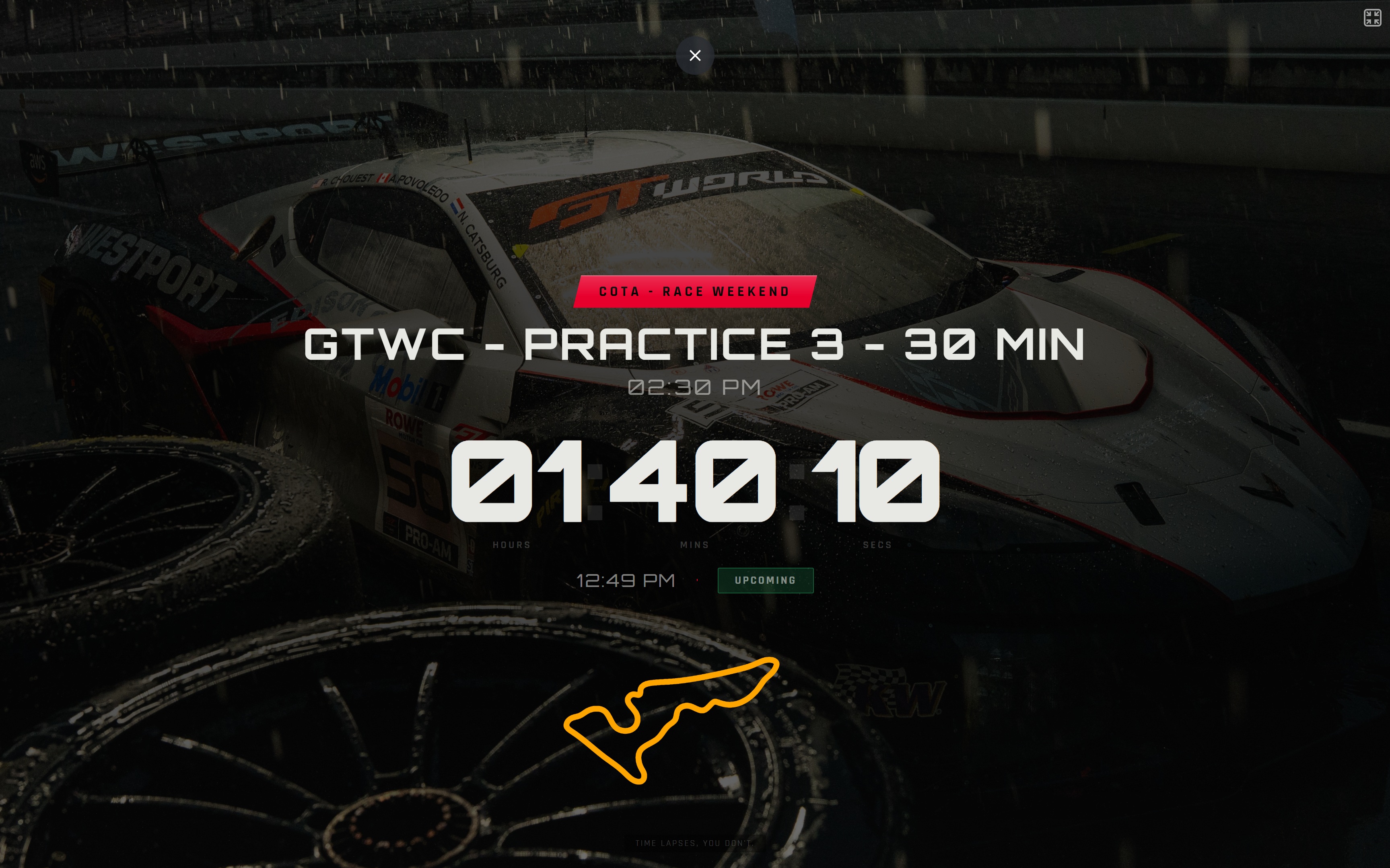Lapse pit wall app — fullscreen countdown with race car background, session name, track map, and Upcoming status pill