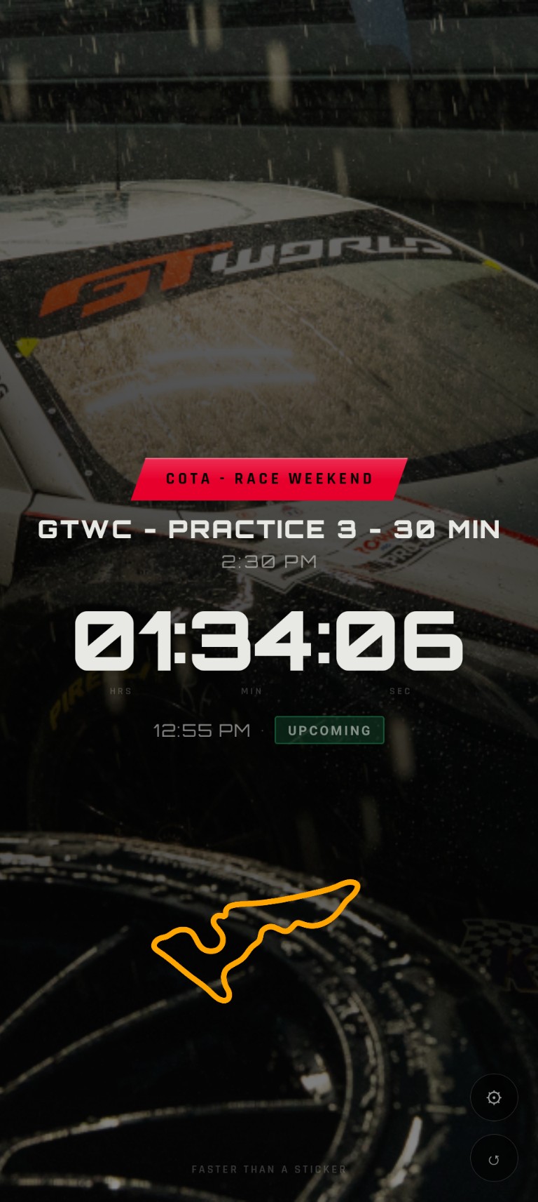 Lapse crew viewer — portrait phone display showing live countdown with race car background and session info